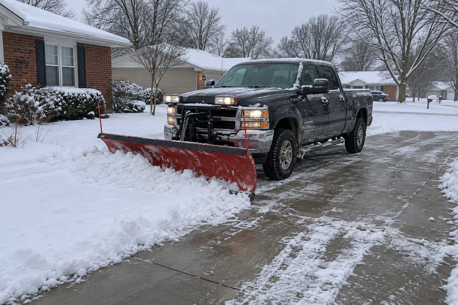 Illustration of a pickup truck plowing a snowy residential driveway